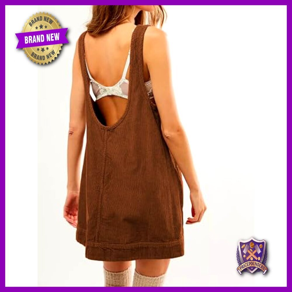 Corduroy Overall Dress A-Line Mini Jumper Pinafore with Pockets Y2K Retro - Picture 2 of 7